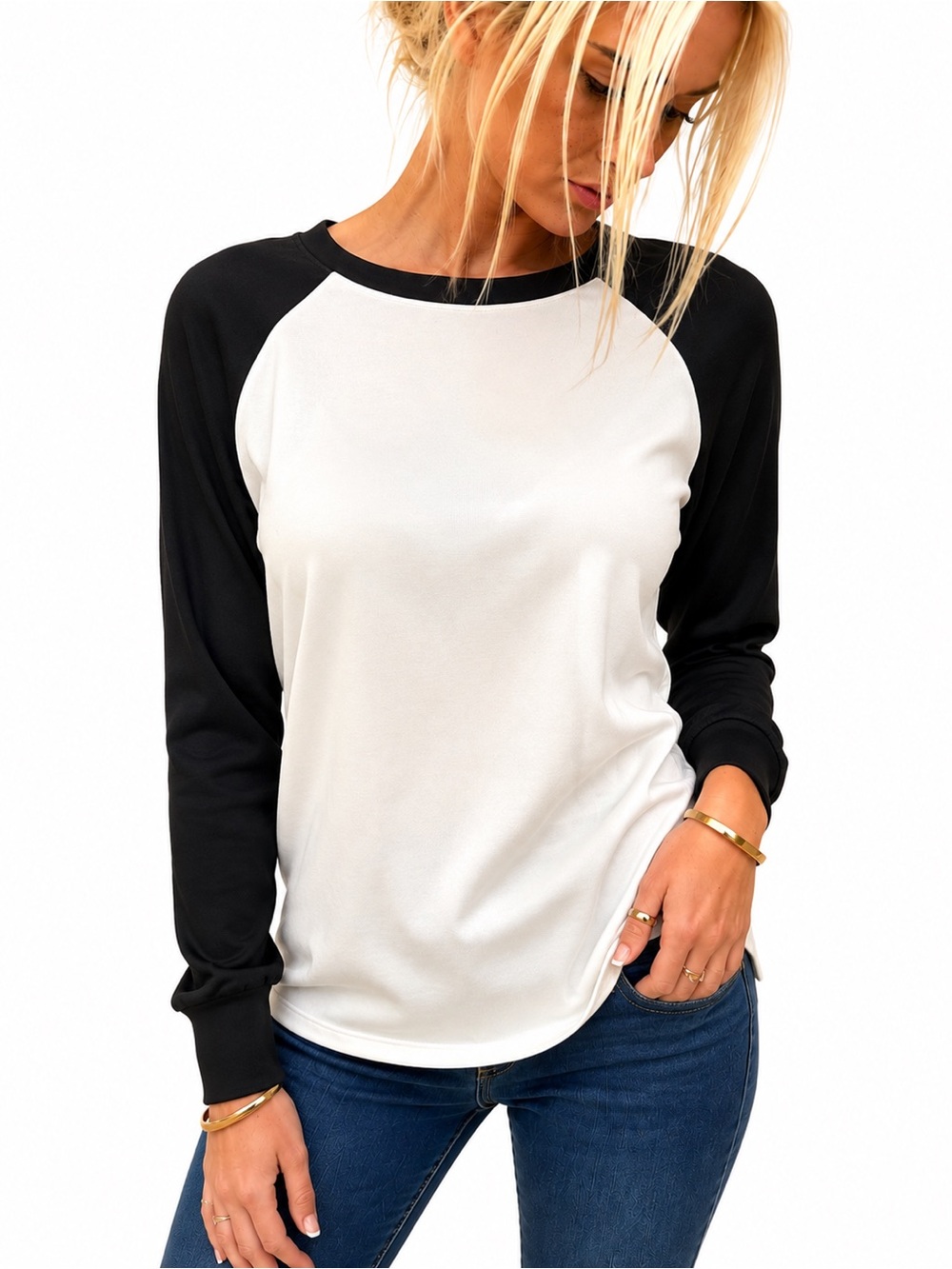 Silk Trina Turk Colorblock Raglan Sleeve Blouse – Black & White